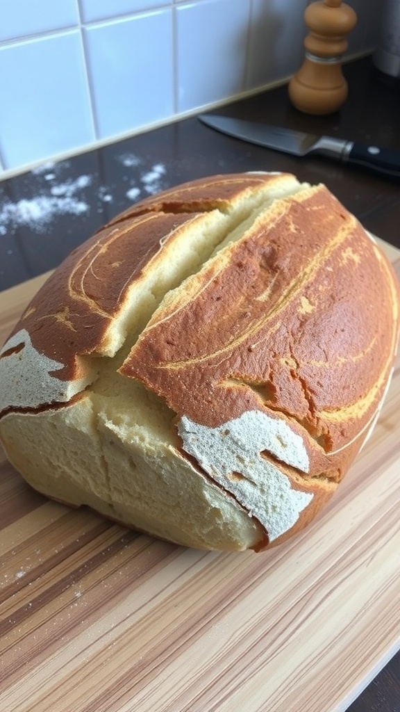 A golden-brown crusted sourdough bread loaf on a wooden board, with a rustic kitchen backdrop.